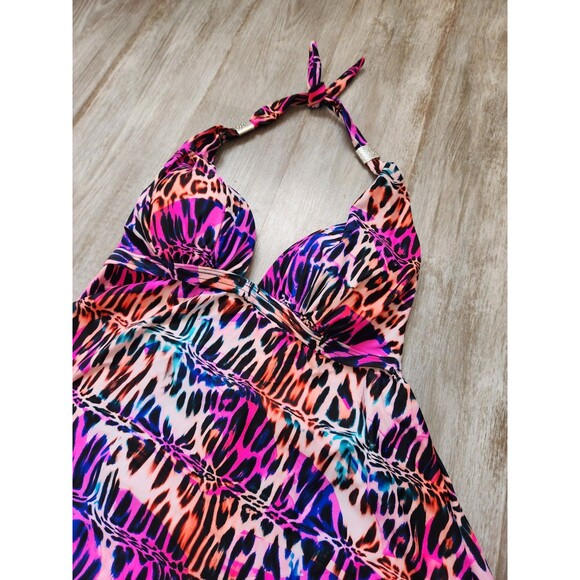 Venus Animal Print Tankini Tie Neck Open Back Bright Pink Blue Orange Sz 14 EUC - Picture 2 of 8
